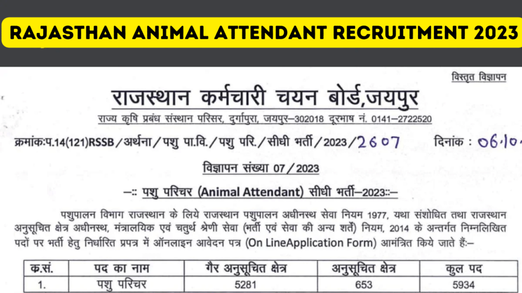    Rajasthan Animal Attendant 5934 Posts  Recruitment 2023 Notification OUT, Online Form